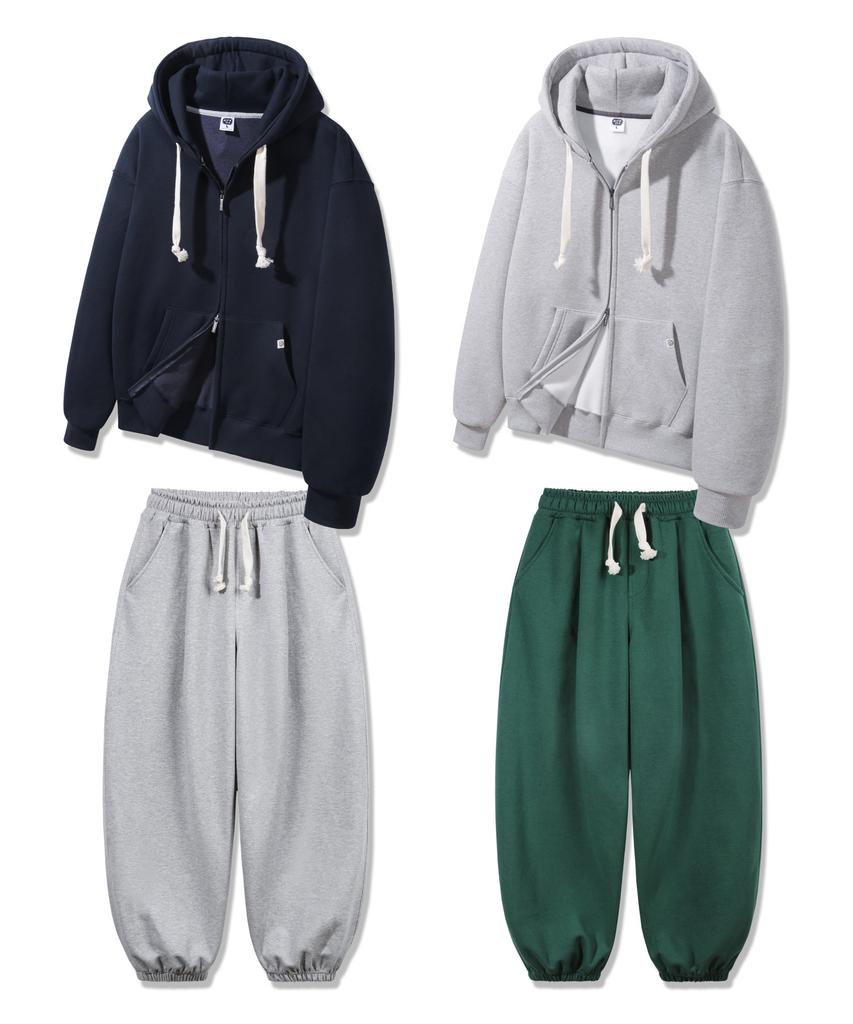 Alvinclo [Set] Plain Oversized Two-Way Zip-Up Hoodie With Single Pleat Wide Jogger Pants Set