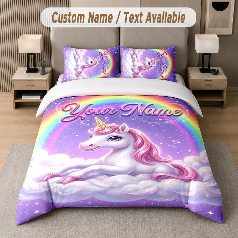 Unicorn Theme Custom Text Or Name 3Pcs Bedding Set 1 Flat Sheet & 2 Pillowcases Personalized Home Bedding