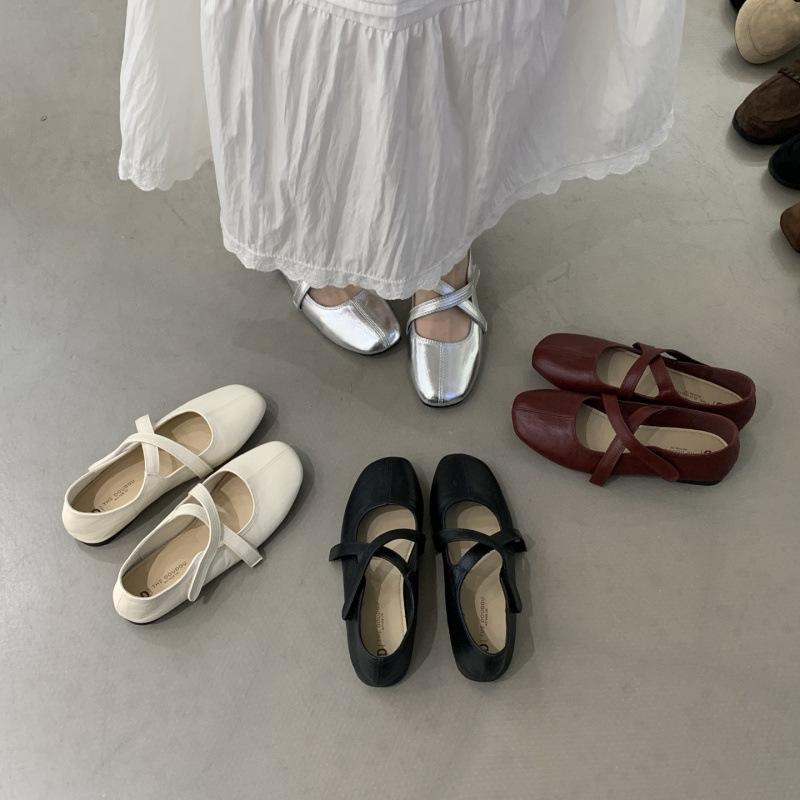 Korean Version of Cross-strap Silver Loafer Beanie Shoes 2025 Spring and Autumn New Gentle Ballet Flat Single Shoes Women's Ladyshoes