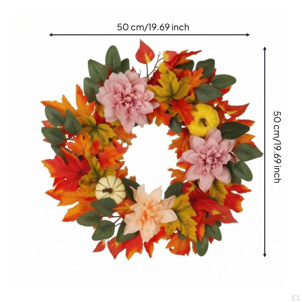 artificial Fall Wreath with Pumpkins Seasonal Maple Leaf Richly Colored for Front Doors,