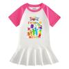 Girls' Summer Cartoon Raglan Color Block Dress with Ruffled Pleated Skirt