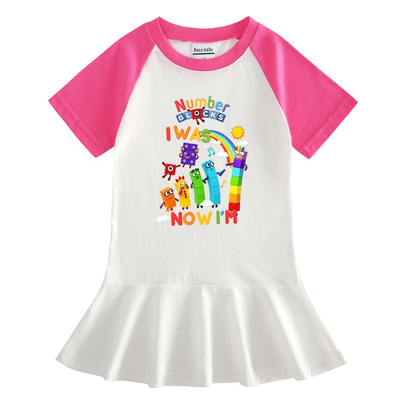 Girls' Summer Cartoon Raglan Color Block Dress with Ruffled Pleated Skirt