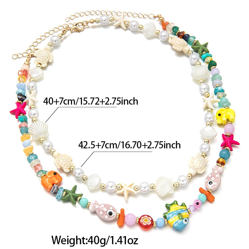 2 random colored ceramic elephant fish bead necklaces, double-layer layered imitation pearl starfish women's necklace
