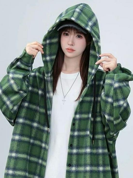 2024 Unisex Loose Fit Hong Kong Plaid Hooded Shirt Jacket - Mid-Length Casual Top