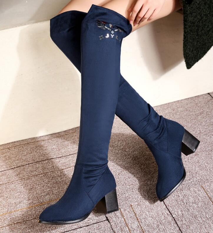 

Модные туфли 34-43, двухсторонние, перевернутые, высокие сапоги для верховой езды, женские, зимние, плюшевые, выше колена, длинные, мотоциклетные сапоги 7.5 синий