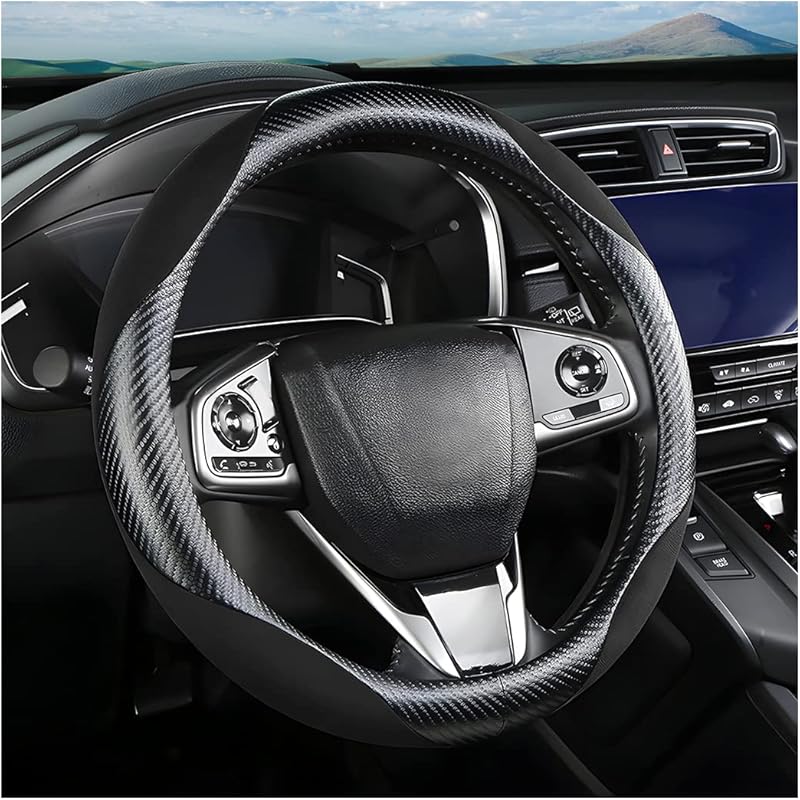 Moly Magnolia Carbon Fiber Steering Wheel Cover, Universal 15 Inch Breathable Anti Slip, Black, Leather & Carbon Fiber, Truck & SUV, Automotive