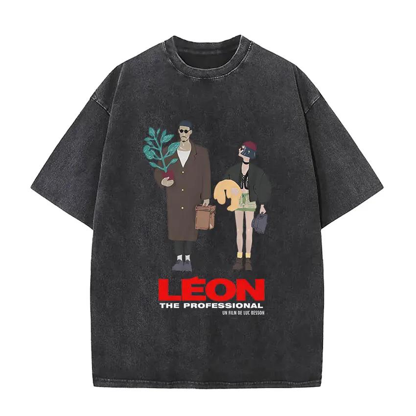 Vintage Washed Leon The Professional Movie Actors T Shirts Men Women's Pop Fashion Cotton Short Sleeve T-shirt Gothic
