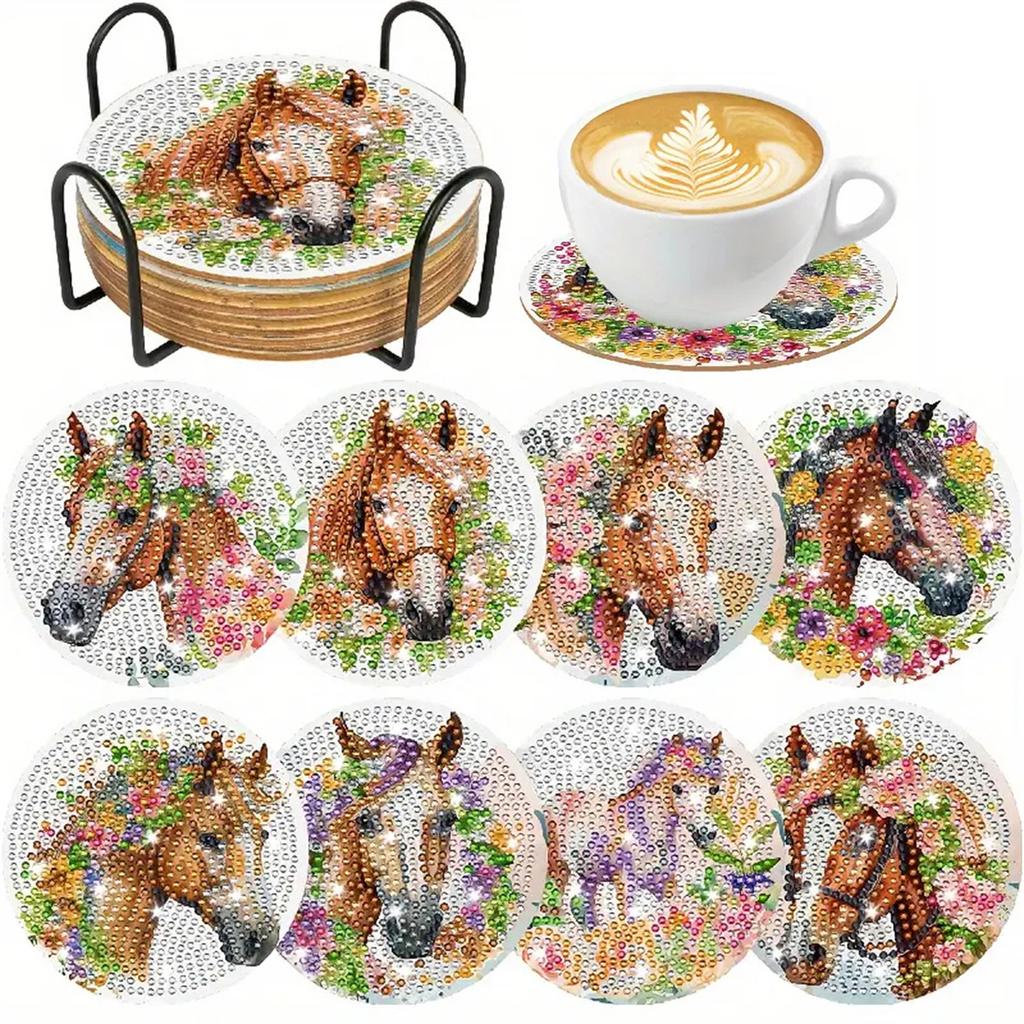 8 Pieces/set of Diamond Painted Horse Patterned Coasters, DIY Coasters with Holder, Suitable for Beginners and Adults, Art and Craft Supplies Gifts