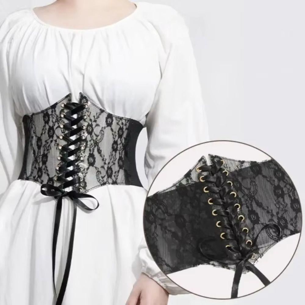 Retro Lace Waist Belt High Elasticity Slimming Body Women's Wide Belts External Wear Lace-up Corset Belt