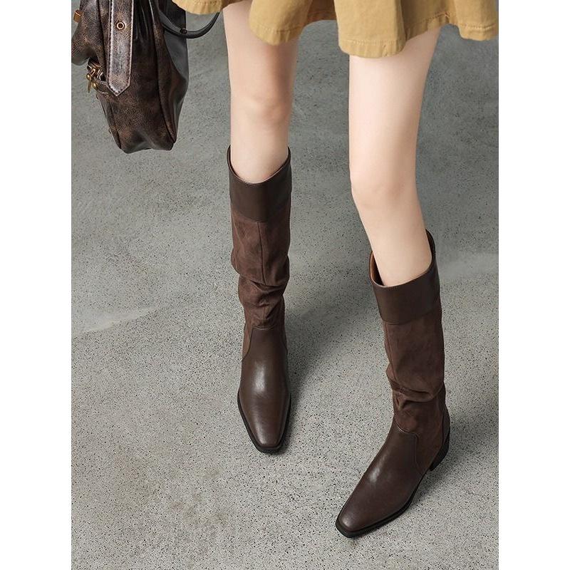 2025 Autumn Retro Chunky Heel Women's Knight Boots - Pointed Toe, Ruched Slouch, English Western Style High Boots