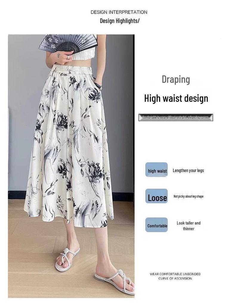 Dámské Capri kalhoty s vysokým pasem a širokými nohavicemi z ledového hedvábí: Tisk tušovou malbou, Styl Léto 2024, Volný a splývavý.