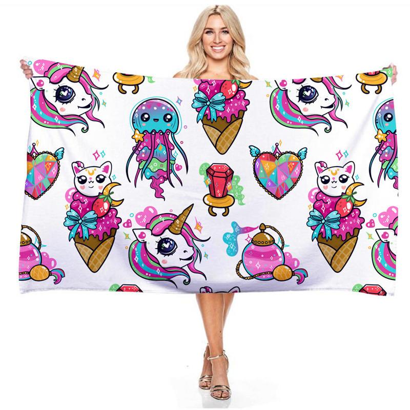 Cartoon Rainbow Color Unicorn Series Beach Towel 3D Digital Printing Outdoor Portable Bath Towel Quick-drying Cute Girls Towels