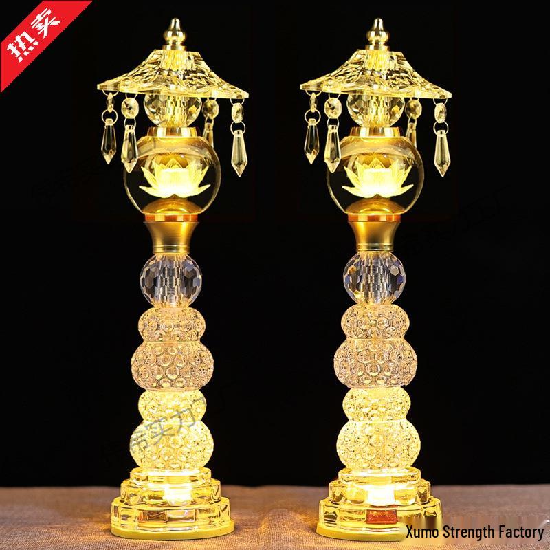 Buddha Altar Seven-Color Crystal Lotus Lamp, Plug-in Pair for Year of the Horse