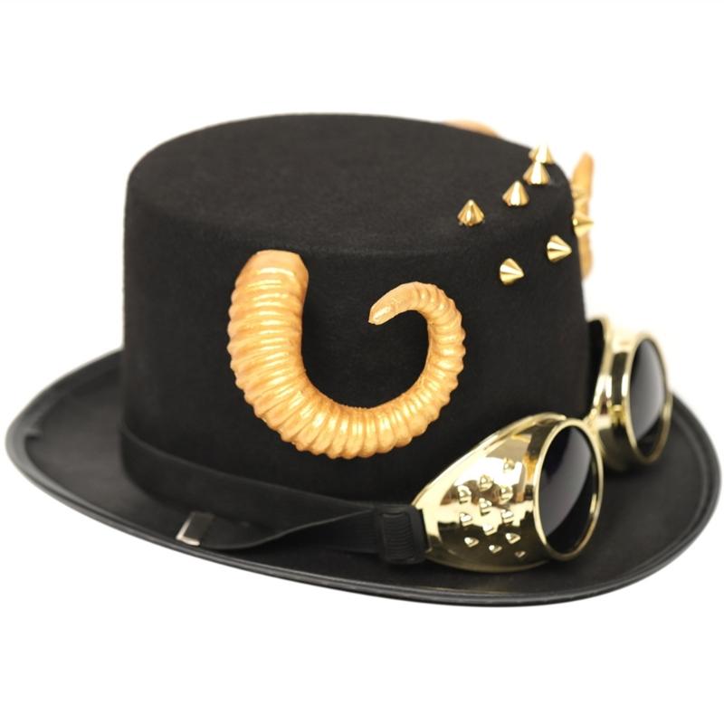 Steampunk Top Hat One Size Wool Victorian Hat with Goggles Unisex Costume Top Hats Gothic Hippies Caps Halloween Props