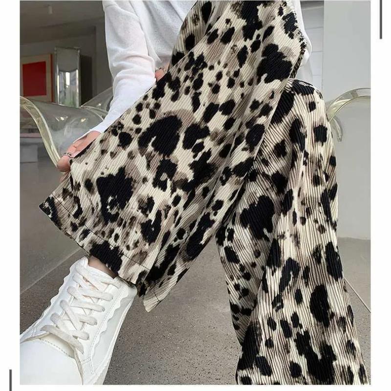 Leopard Print Wrinkled Wide Leg Women's Summer New Patchwork Tie Dye Elasticized High-waisted Loose Straight Casual Pants