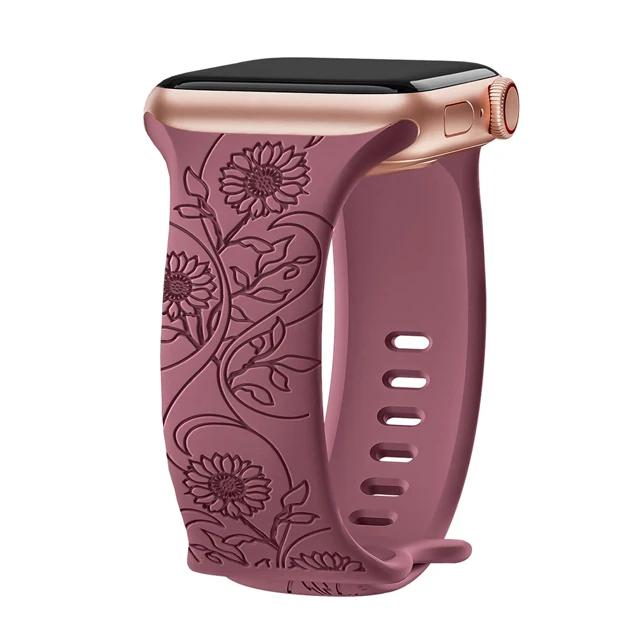Floral Engraved Strap For Apple Watch Band 40mm 44mm 41mm 49mm 45mm 38mm 42mm Silicone Bracelet Iwatch Series 9 7 Se 6 8 Ultra 2