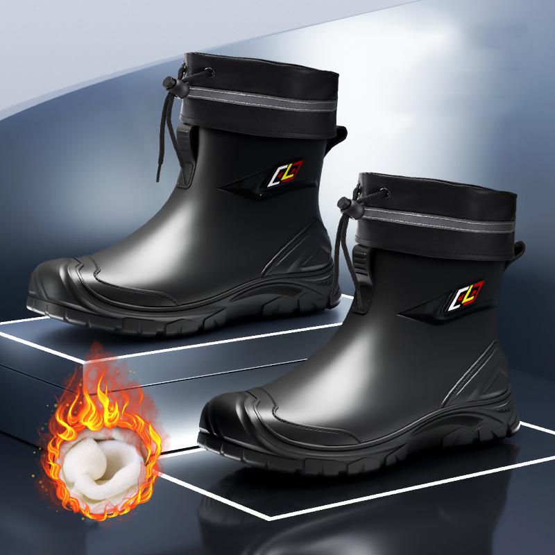 New Men Riding Rain Boots Plus Cotton Warm Non-slip Waterproof Shoes Mid-tube Work Shoes Rain Boots Motorcycle Protective Boots