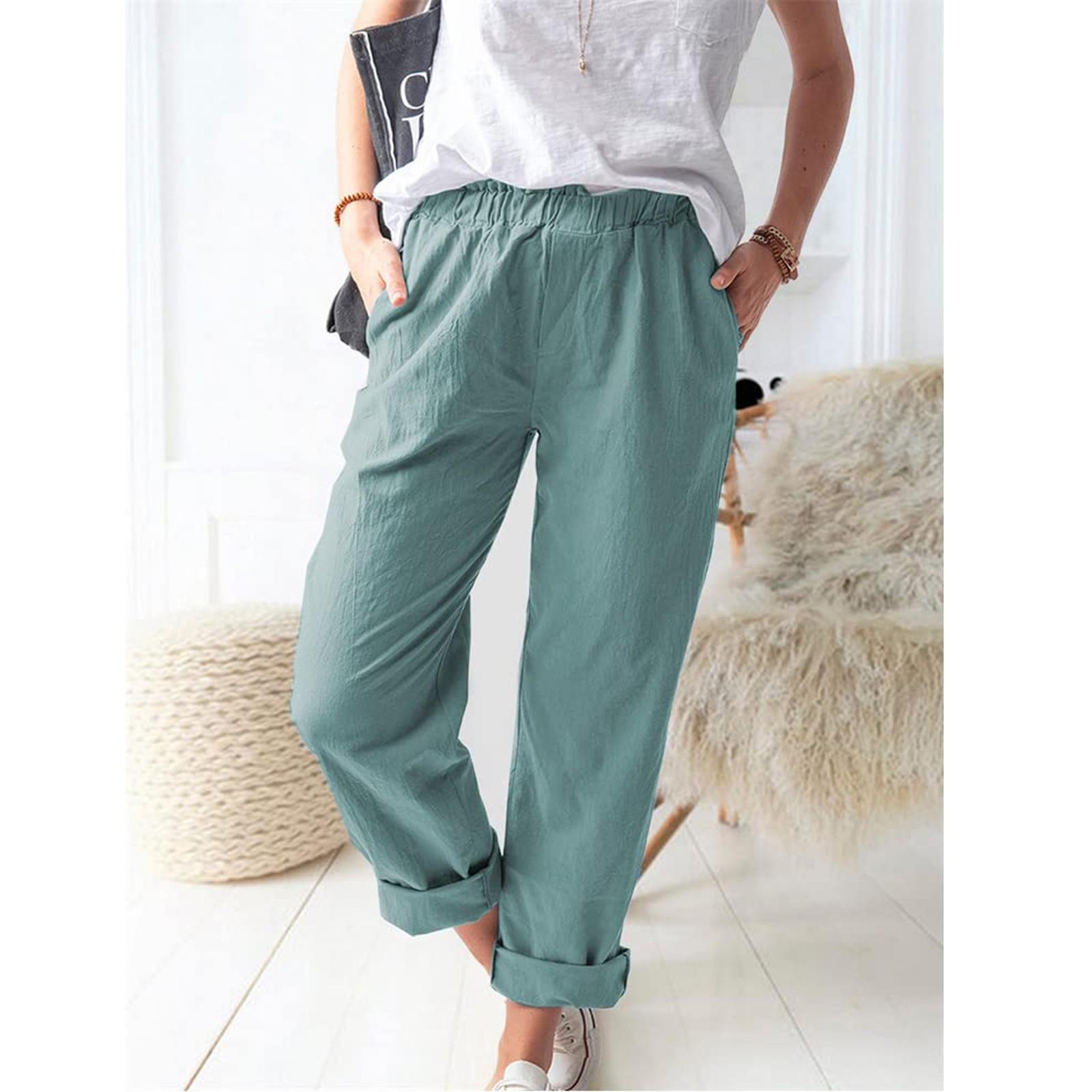 

Женские свободные широкие брюки, повседневные эластичные брюки с эластичной резинкой на талии, свободные эластичные брюки с широкими штанинами из хлопка и льна XXXL циан