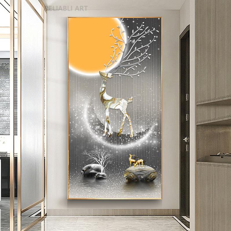 New Chinese Fengshui Golden Deer Canvas Painting Abstract Zen Stone Posters and Prints Modern Luxury Wall Art for Porch Decor