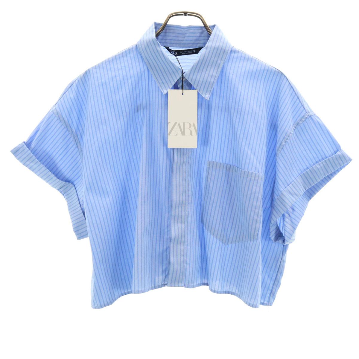 

unused ZARA Striped Pattern Short sleeve Short length Cotton shirt L Blue Women Used