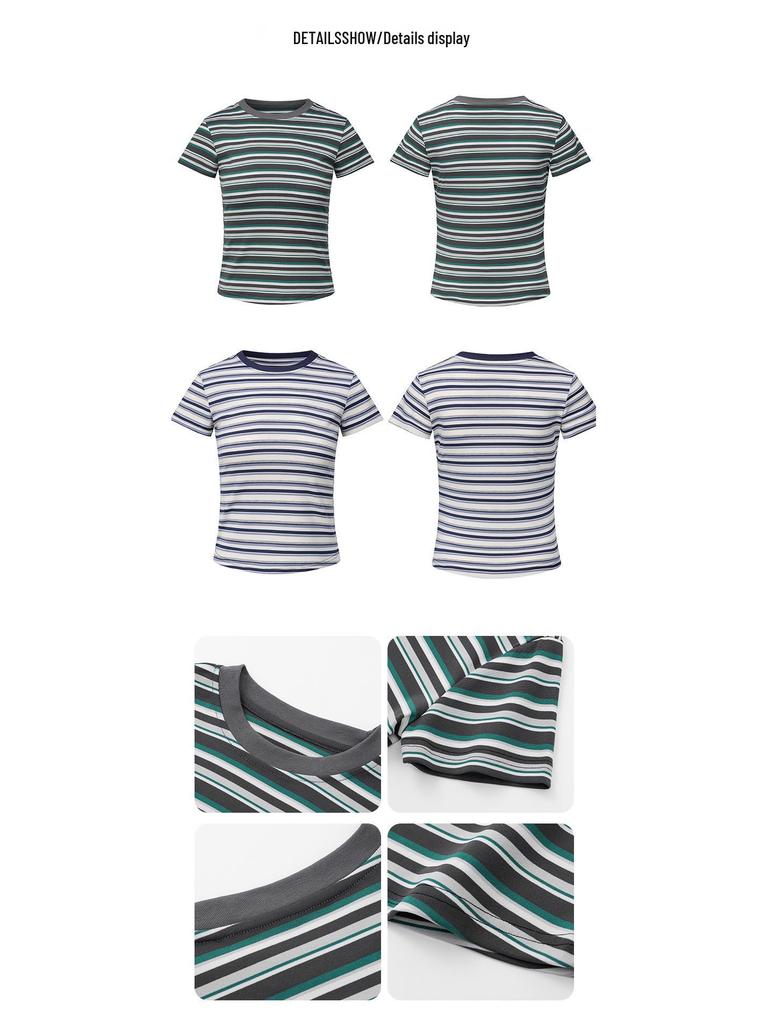 Retro Striped Slim Fit Cropped Short Sleeve T-shirt - Early Spring Petite Millennium Style