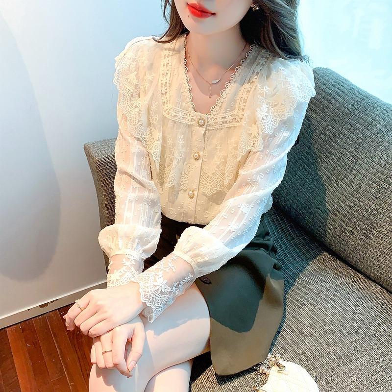 Casual Tops Dame Vintage Süße Rüschen Spitze Hemd Frauen Mode Slim Fit Langarm Bluse Frau Elegante Lose V-ausschnitt Shirts weibliche 24228