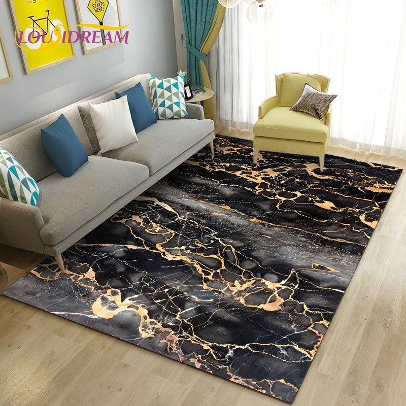 Nordic Marble Texture Goldren Cyan Area Rug Large,Carpet Rug for Living Room Bedroom Sofa Doormat Decor,Kid Non-slip Floor Mat