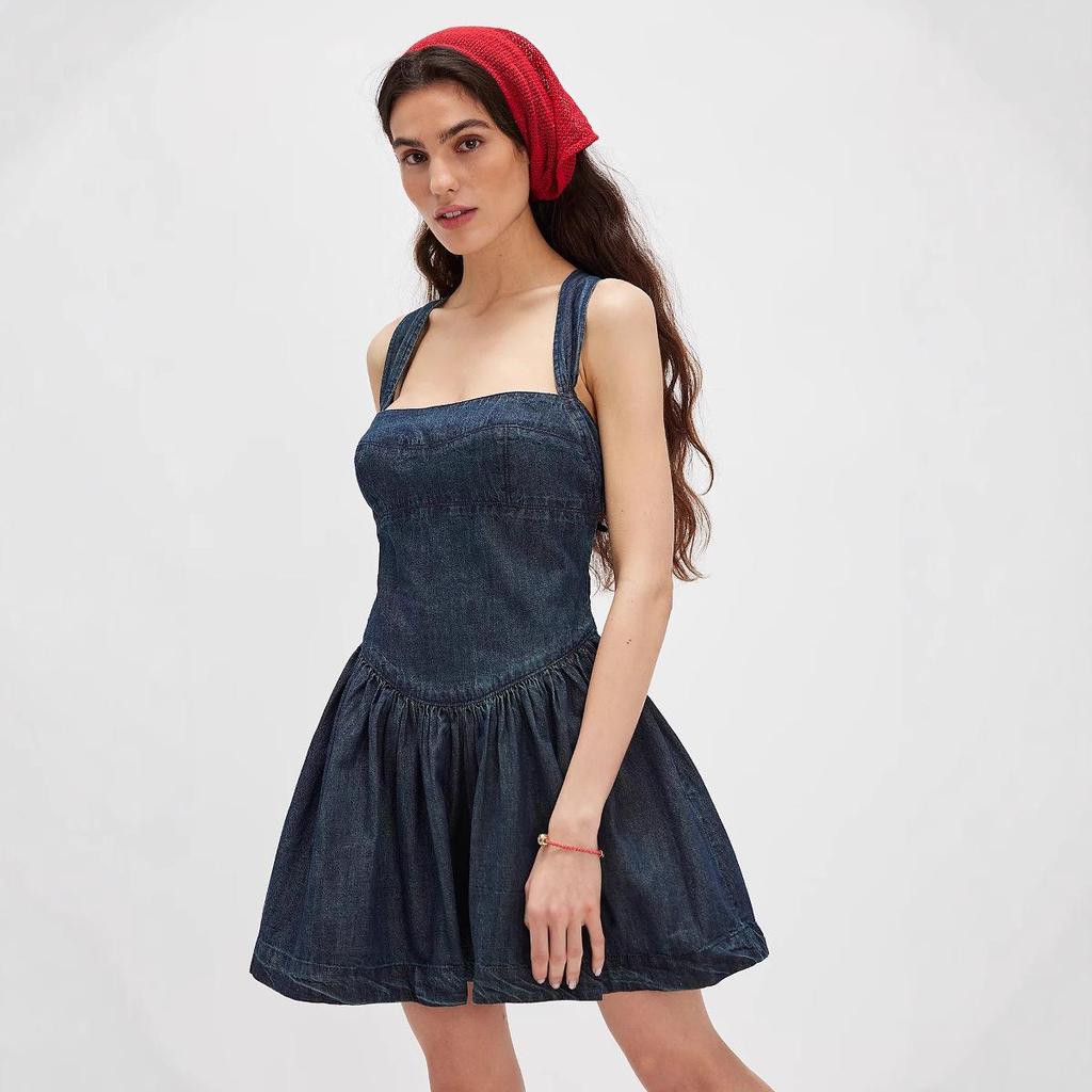 Europäisches & Amerikanisches Damen-Mini-Denimkleid 2025 Sommer, Rückenfrei, Schlank, Hoher Bund, Einfarbig.