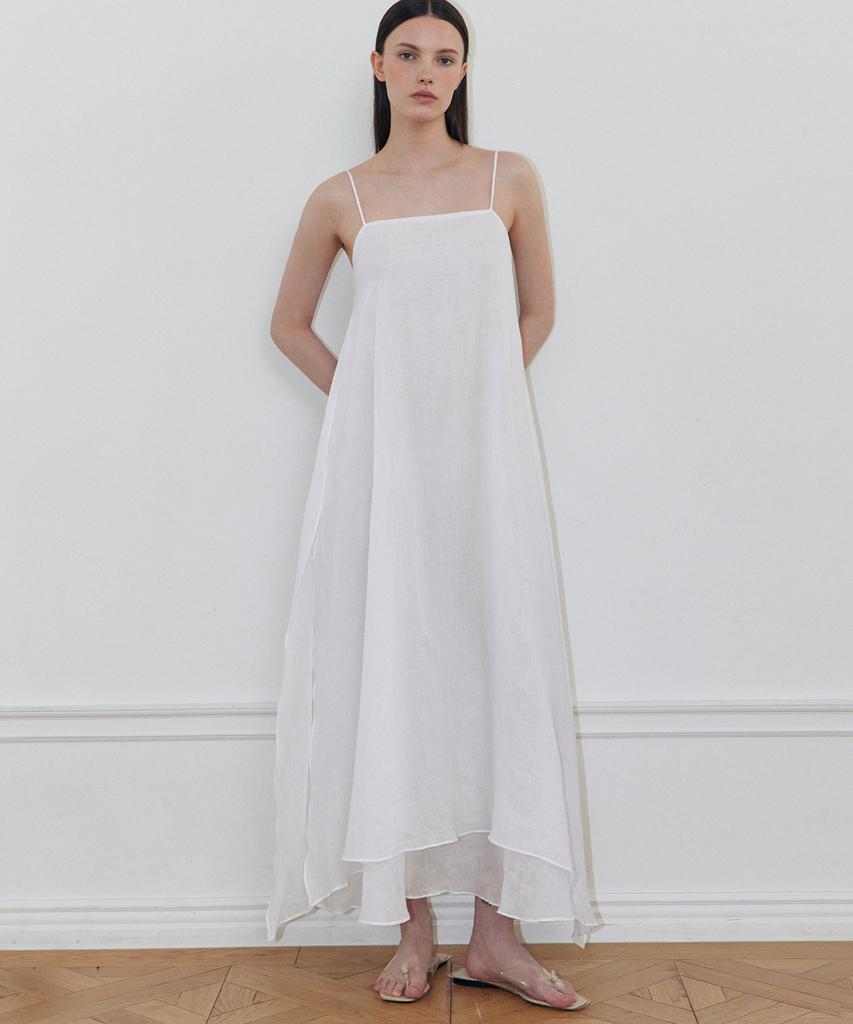LADY VOLUME Ramie Linen Sleeveless Midi Dress (White)