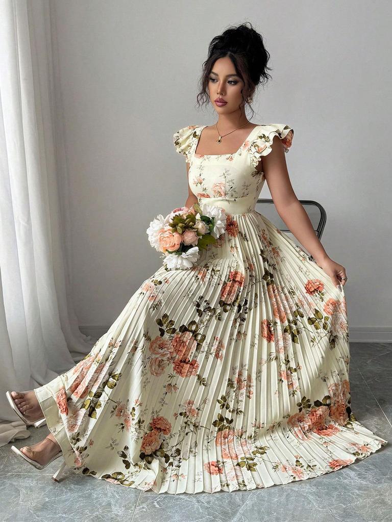 Women's Rose Print Flutter Sleeve Cinched Waist Dress, Casual Spring/Summer Wear