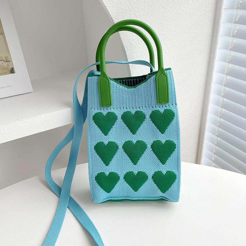 Korean Fashion Heart Knitted Mini Square Handbag For Women Small Mobile Phone Shoulder Bags Girls Cute Outdoor Crossbody Bags