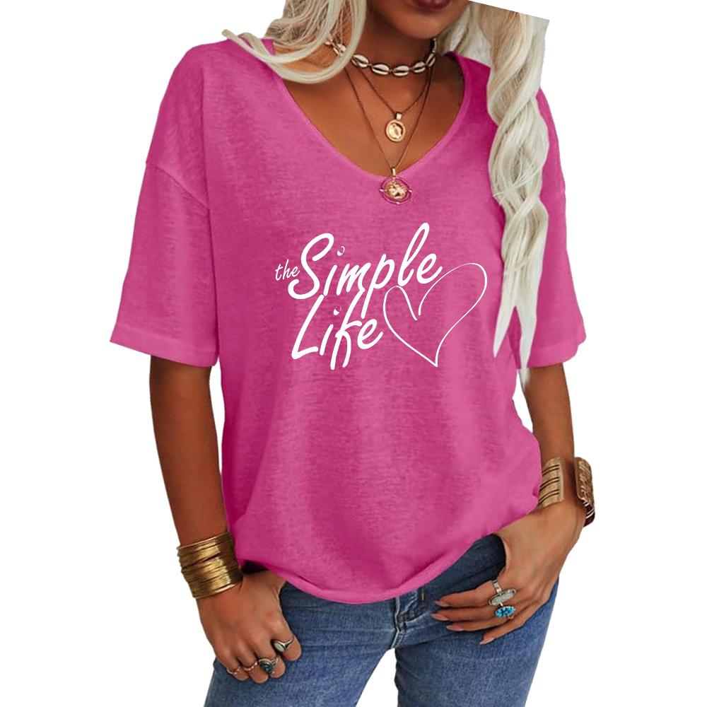 Women Fashion V Neck Tee Shirt Summer Casual Short Sleeve Top Loose Letter Print T-shirt