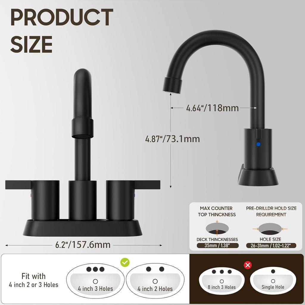 Phiestina 4 Inch 2 Handle Centerset Matte Black Lead-Free Modern Bathroom Faucet, 360 Swivel Spout 2-3 Hole RV Bathroom Vanity Sink Faucet with Pop
