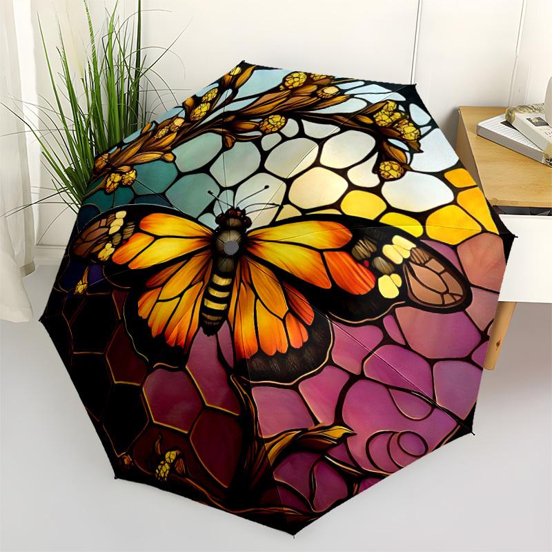1pc Butterfly StainedGlass Automatic Open/Close Umbrella with Folding feature Compact Travel Umbrella, Lightweight design, for Commuting, Business109