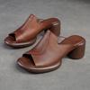 Johnature Peep Toe Terlik Düz Renk Vintage Hakiki Deri Yüksek Topuklu Rahat Basit Kadın Ayakkabı