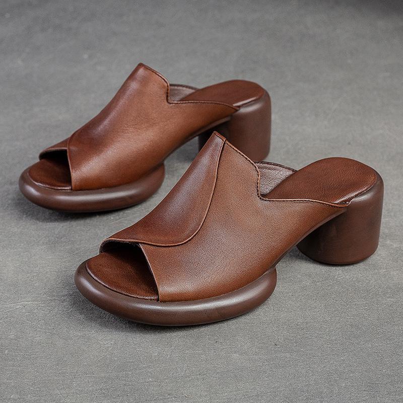 Johnature Peep Toe Terlik Düz Renk Vintage Hakiki Deri Yüksek Topuklu Rahat Basit Kadın Ayakkabı