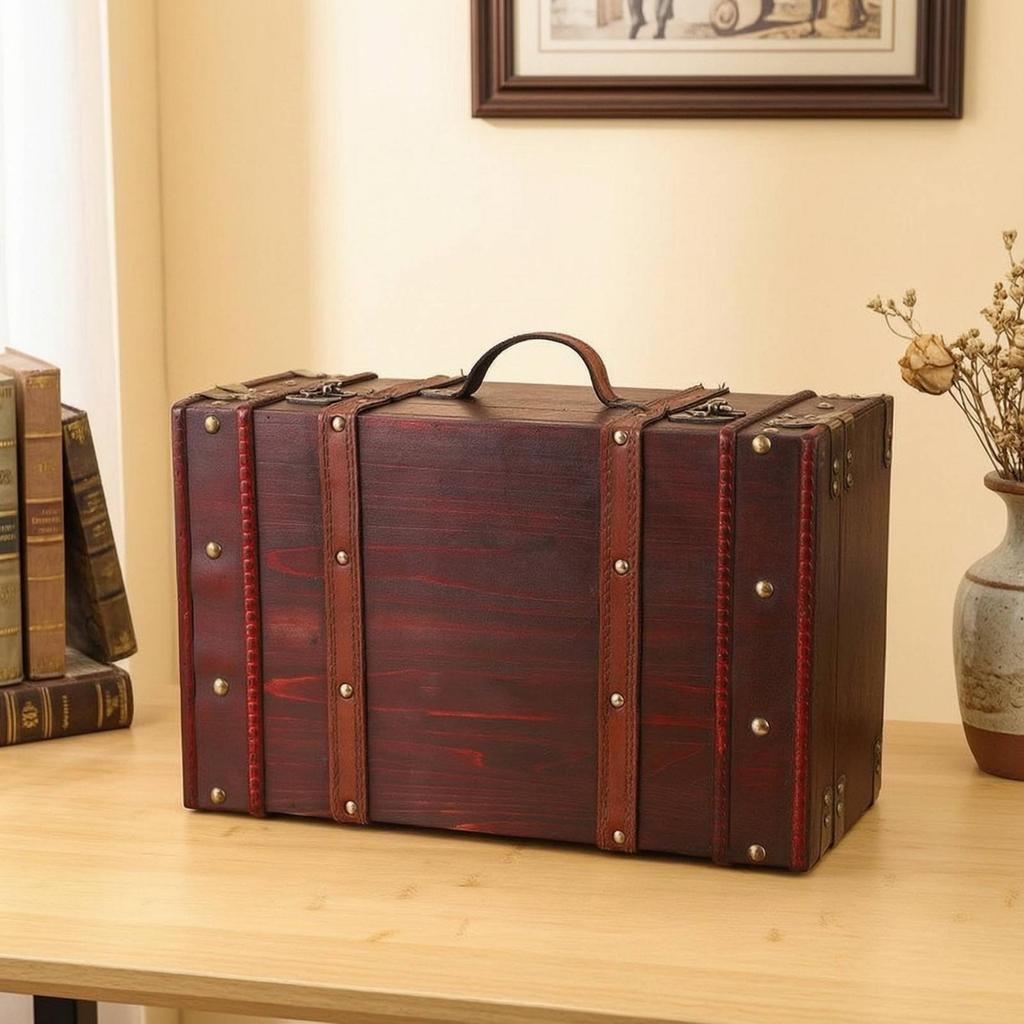 Wooden Storage Suitcase Retro Decorative Vintage AntiqueLook Chest with Handle for