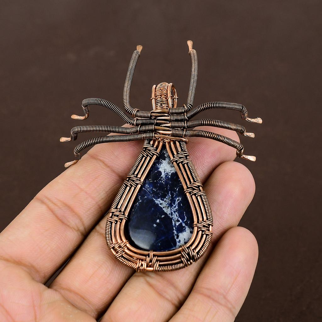Natural Sodalite Gemstone Handmade Copper Wire Wrap Spider Pendant 2.56" I0J54
