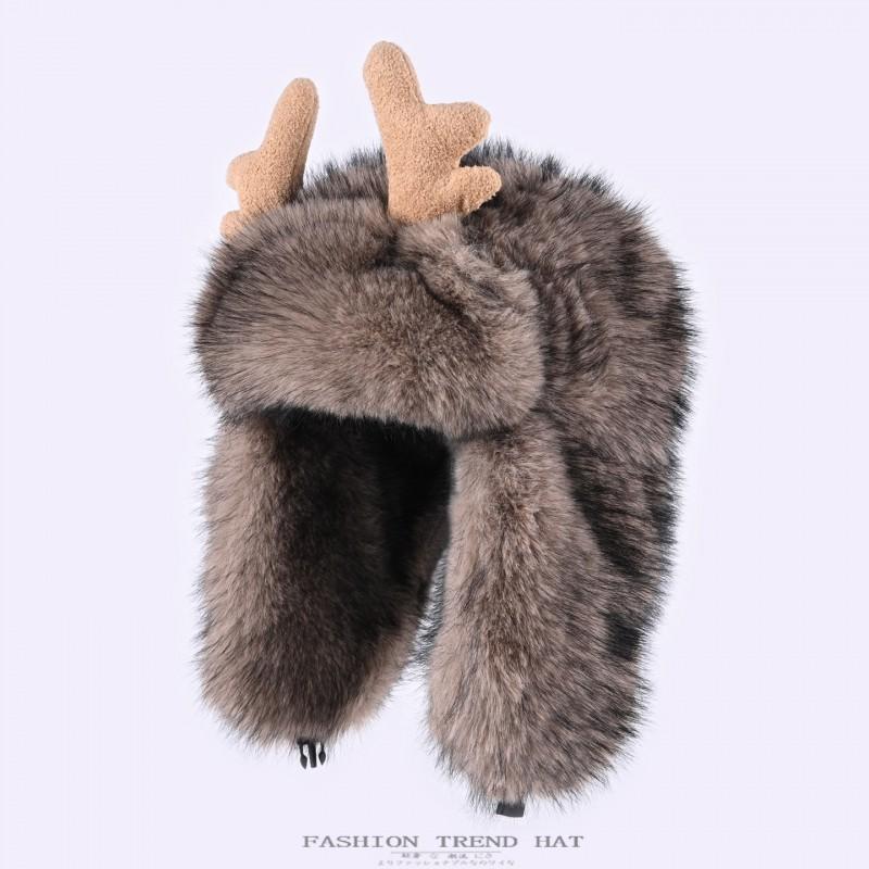 Warm Faux Mink Hat Women Men Winter Thick Ear Protection Beanie With Deer Antler Design Casual Outdoor