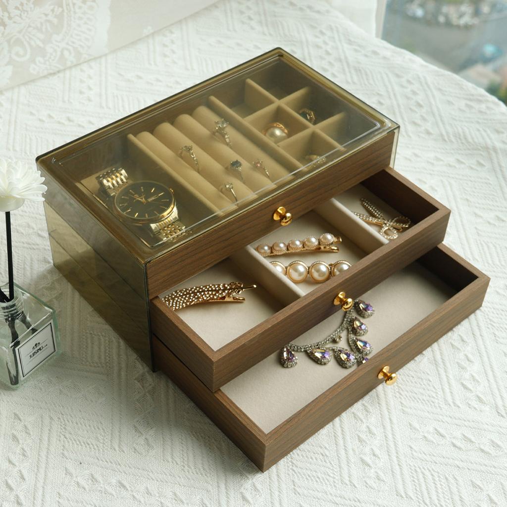 Vintage Walnut Jewelry Organizer Earrings Necklace Dust Jewelry Box Home Desktop Large Capacity 3 Layer Jewelry Box