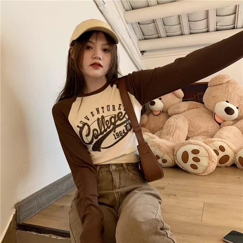 Dámské tričko Y2k Crop Top Léto Sexy Dlouhý rukáv Tisk Dopis Oříznutý Estetický Grunge Harajuku Vintage Korejské módní oblečení