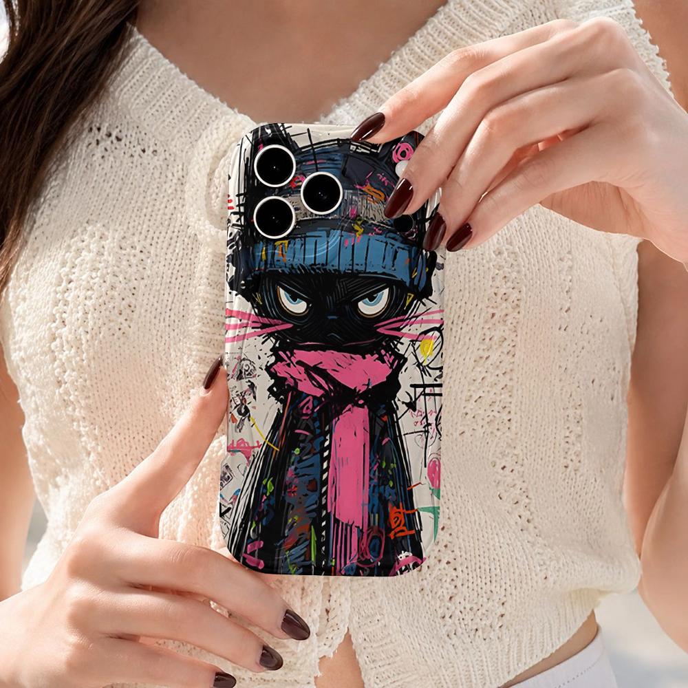 Street Graffiti Cool Black Cat Wavy Edge Phone Case For iPhone 16 15 14 Pro Max 13 12 11 Mini XR XS SE 2020 7 8 Plus Air Cover