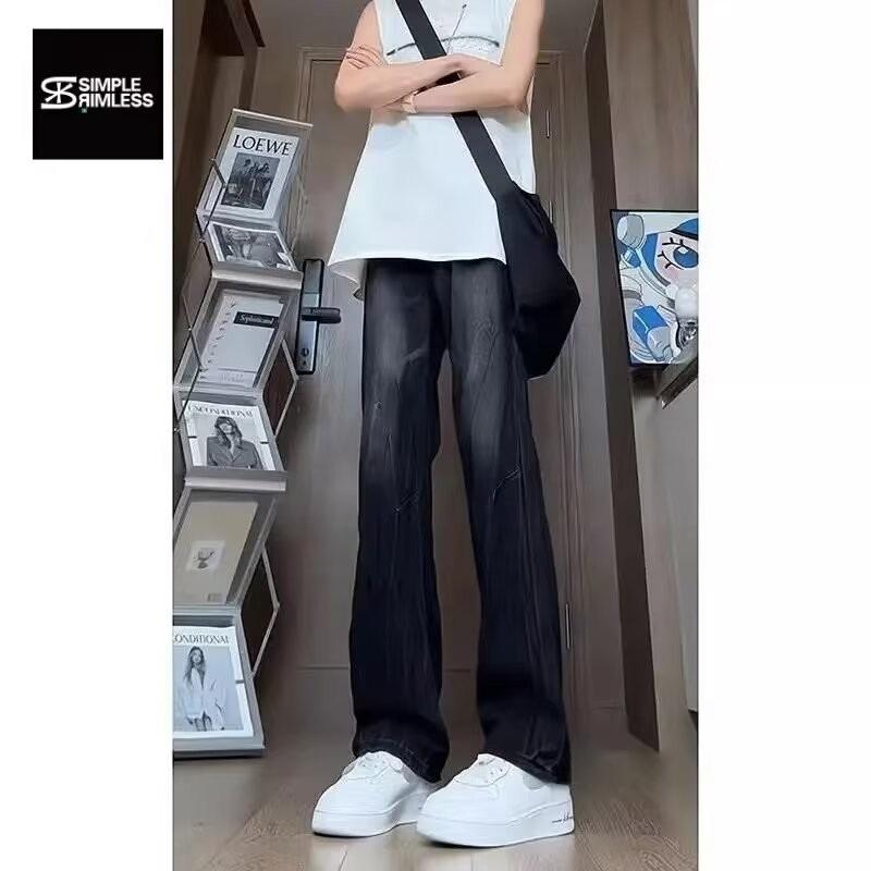 Bamboo lightning pattern jeans men's American high street niche design pants high waist straight tube slightly pulled trousers