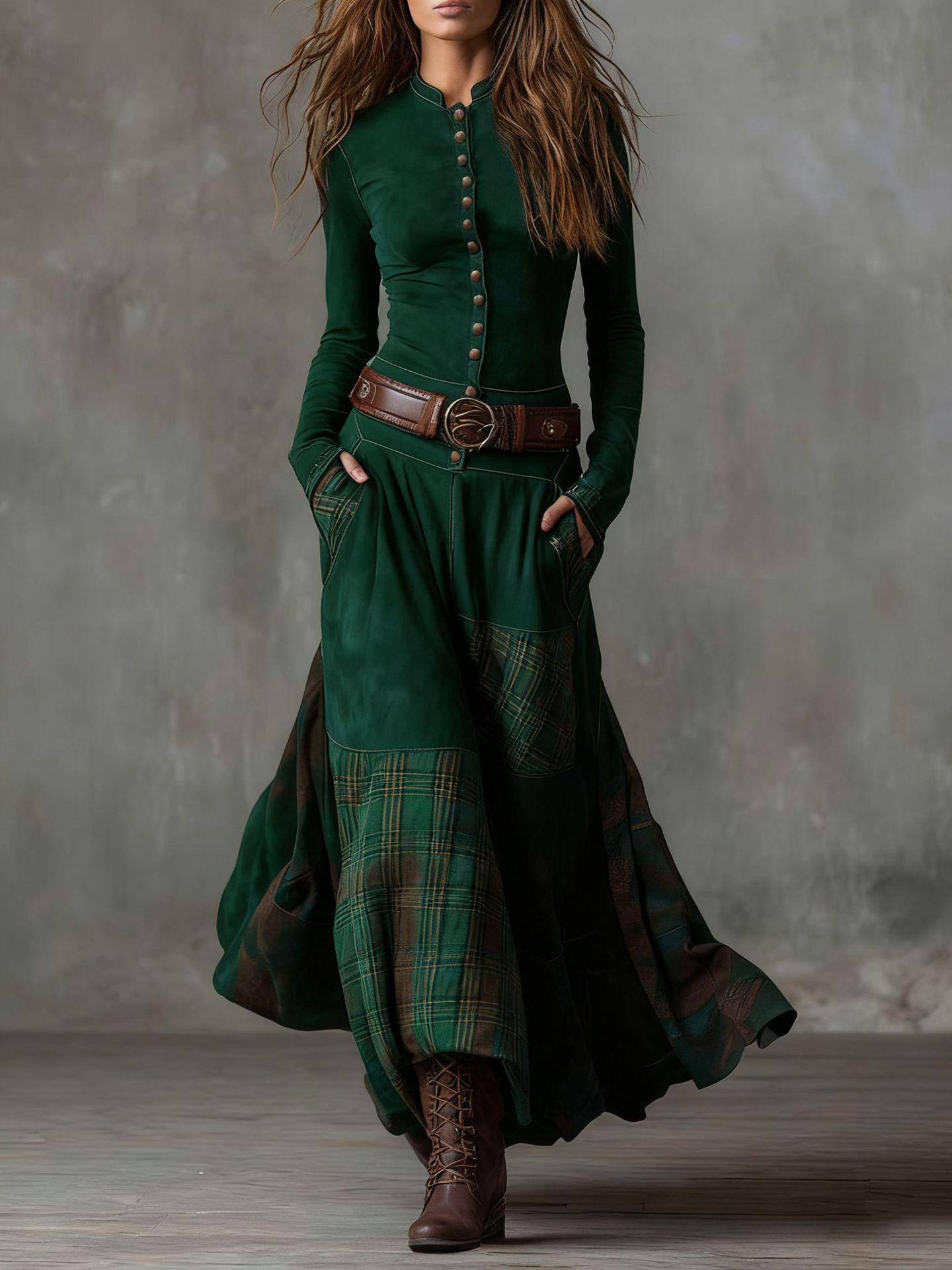

Retro Suede Plaid Patchwork Dress with Pockets, Buttons, and Belt - 2026 Edition Small