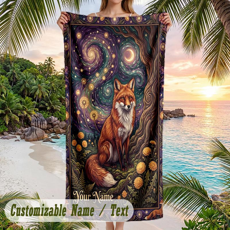 Fox Owl Flowers Theme Quick Dry Beach Towel Custom Name Text Print Large Sand Resistant Towel Beach Vacation