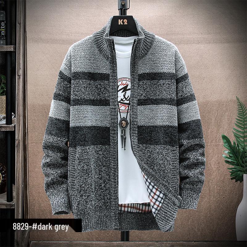 Мужской полосатый кардиган на флисовой подкладке с воротником-стойкой - ОсеньЗима свободный крой 3XL темно-серого 2600₽