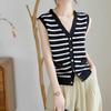 French Light Luxury V-Neck Black And White Striped Knitted Vest For Women In Summer