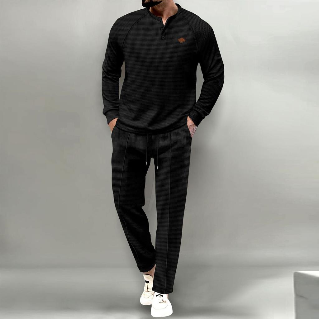 Men's Solid Color Round Neck Three Breasted Casual Sports Long Sleeved Trousers Suit