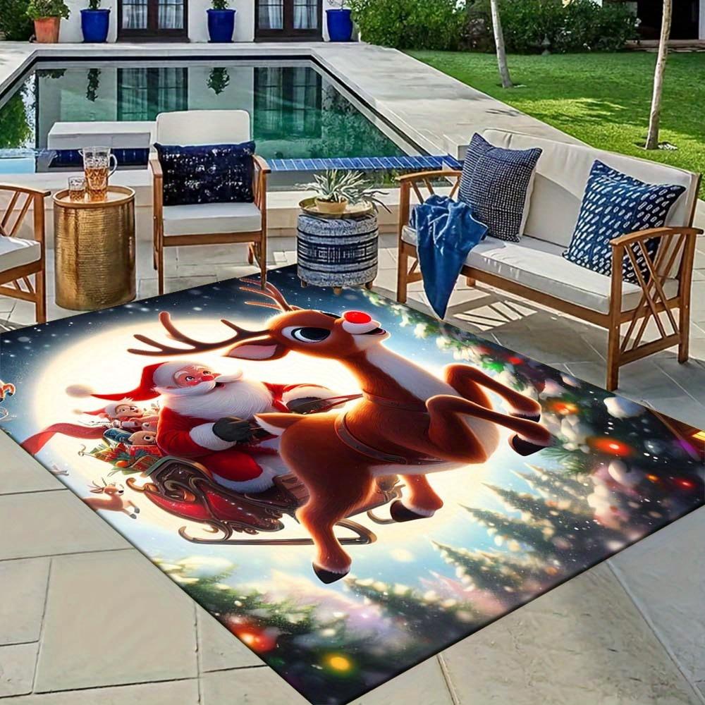 1pc Christmas Themed Rug, Cute Santa Claus and Happy Elk Print, Bedside Carpet, Non slip Laundry Room Mat, Machine Washable Water Absorbing
