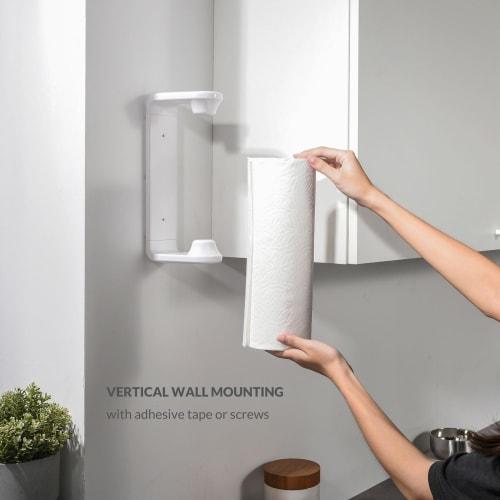 Simpletome Paper Towel Holder, Under Cabinet or Wall Mounted, One-Hand Operation, Tension Arm, Kitchen Paper Holder (White, Fits 24-28cm Rolls)